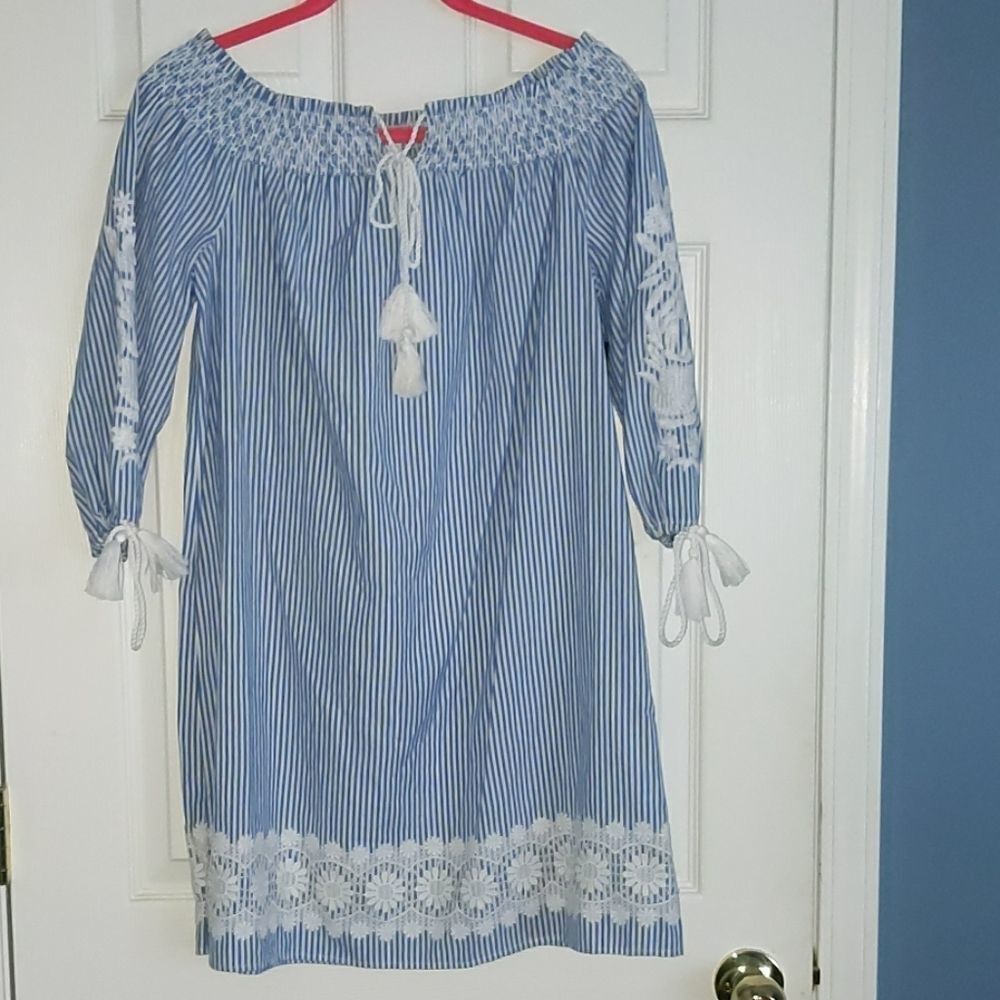 Crown & Ivy blue and white off the shoulder dress